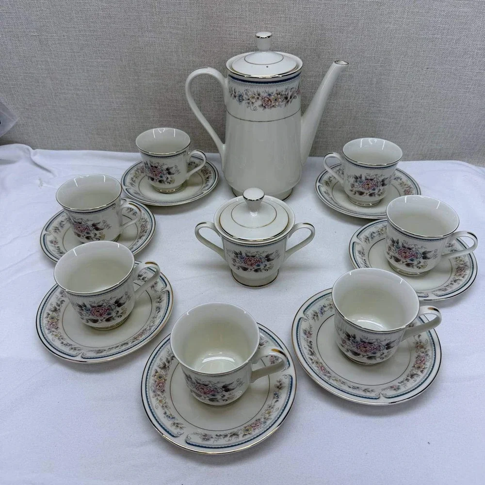 Seizan Fine China Japan Floral Tea Set Coffee Pot Sugar Bowl 6 Cups Saucers 16pc